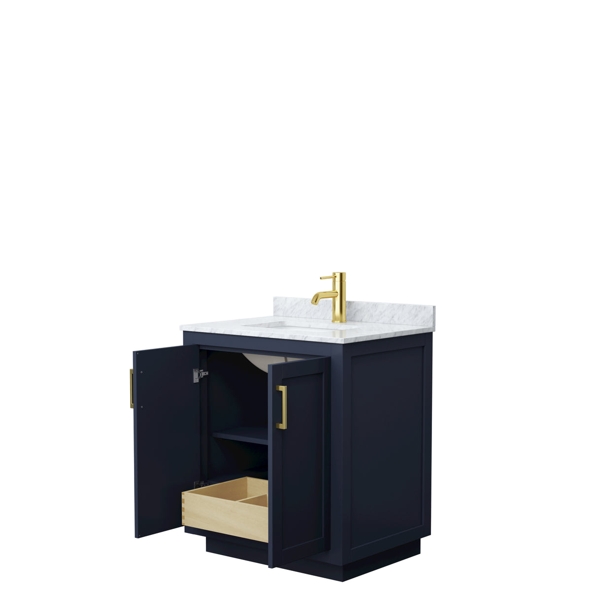 Miranda 30 Inch Single Bathroom Vanity in Dark Blue White Carrara Marble Countertop Undermount Square Sink Brushed Gold Trim