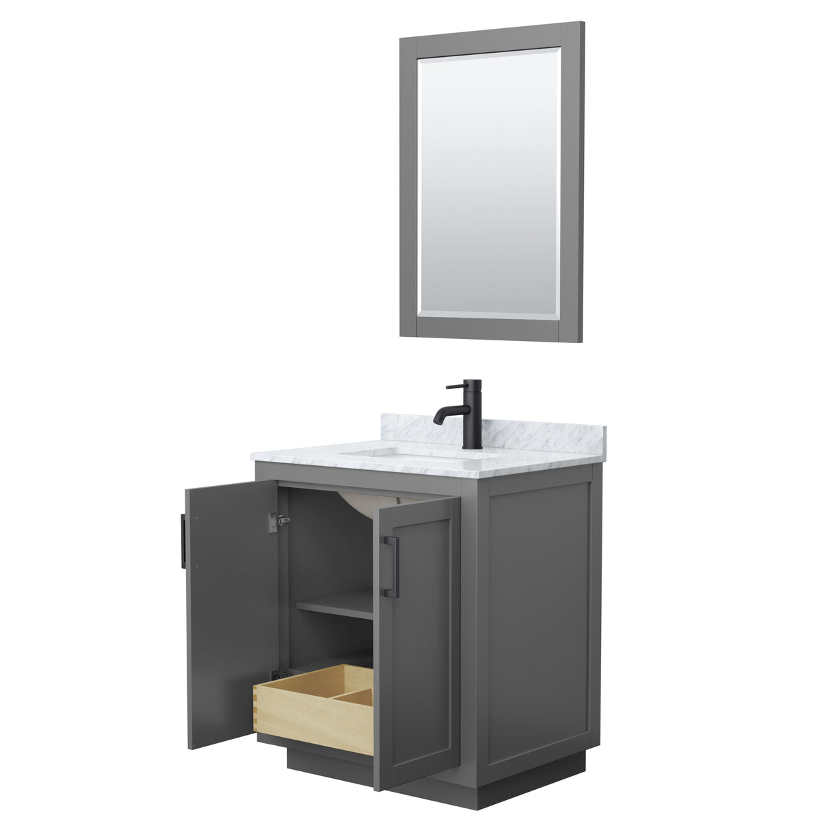 Miranda 30 Inch Single Bathroom Vanity in Dark Gray White Carrara Marble Countertop Undermount Square Sink Matte Black Trim 24 Inch Mirror