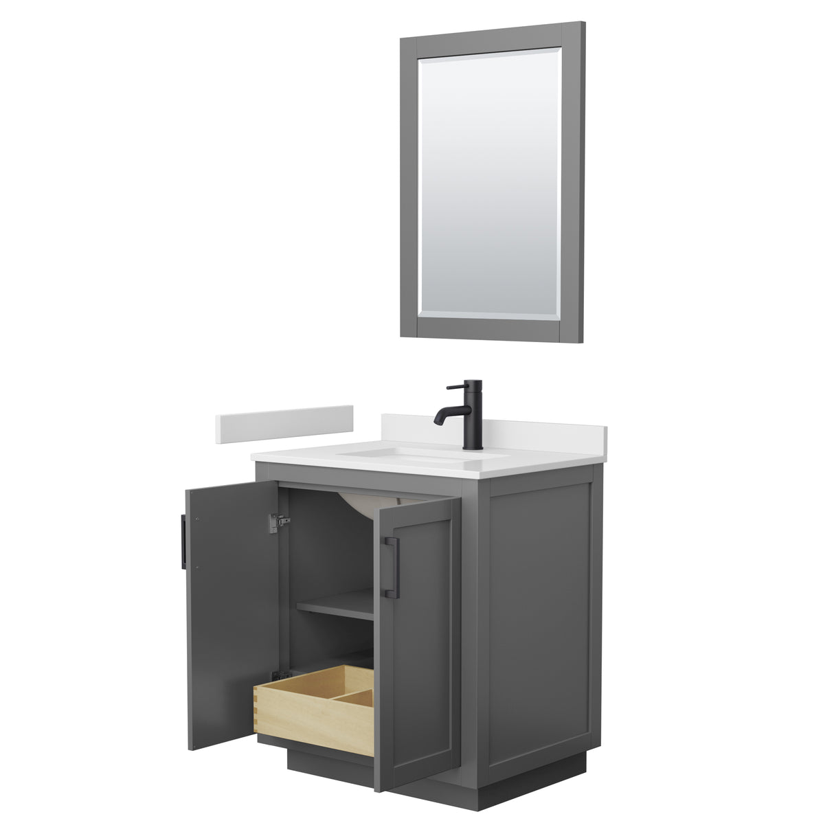 Miranda 30 Inch Single Bathroom Vanity in Dark Gray White Cultured Marble Countertop Undermount Square Sink Matte Black Trim 24 Inch Mirror