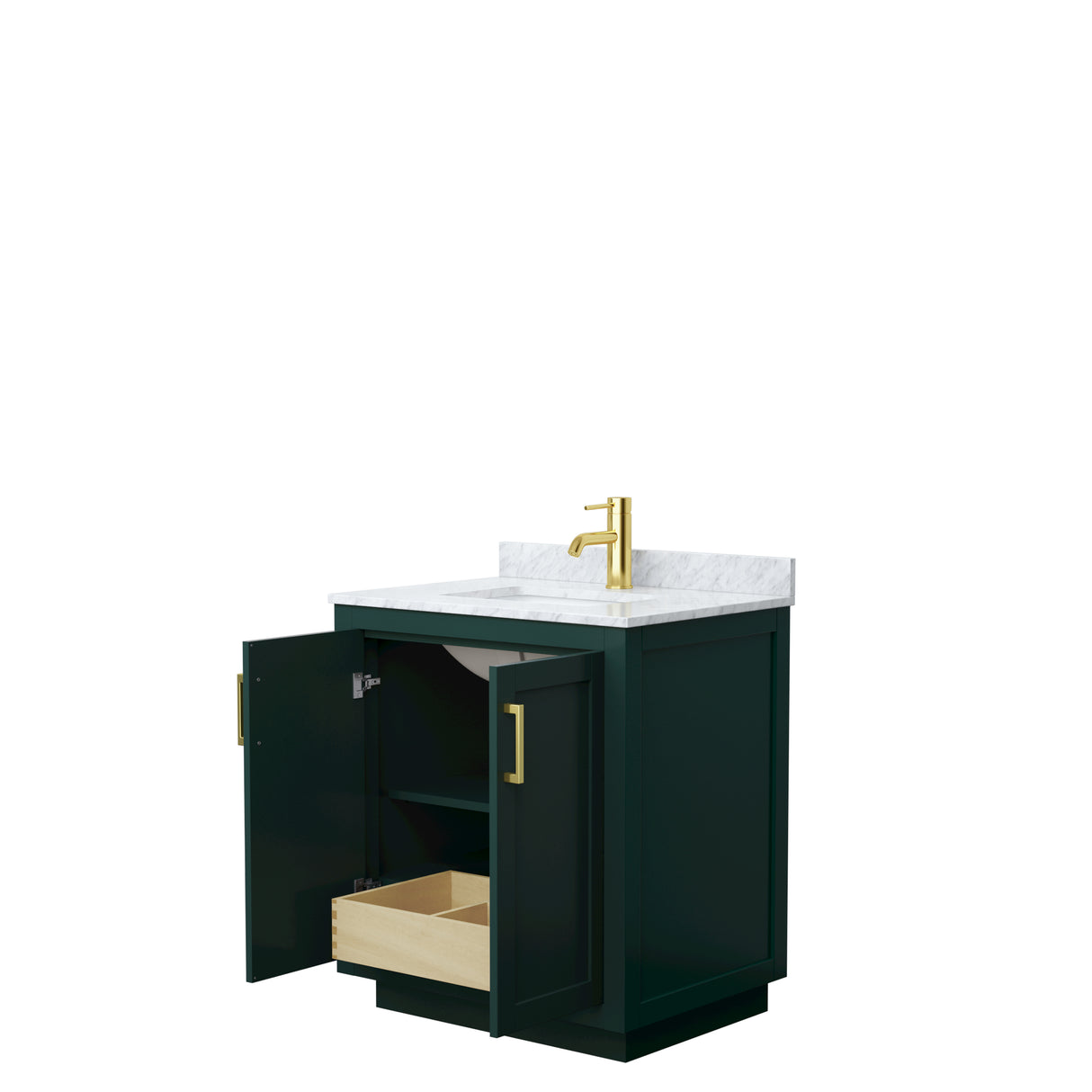 Miranda 30 Inch Single Bathroom Vanity in Green White Carrara Marble Countertop Undermount Square Sink Brushed Gold Trim
