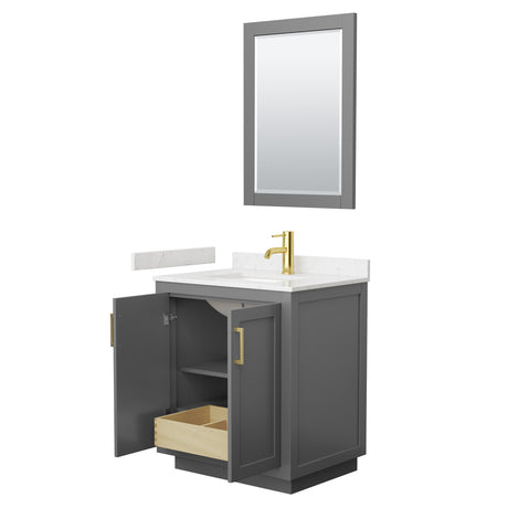 Miranda 30 Inch Single Bathroom Vanity in Dark Gray Carrara Cultured Marble Countertop Undermount Square Sink Brushed Gold Trim 24 Inch Mirror