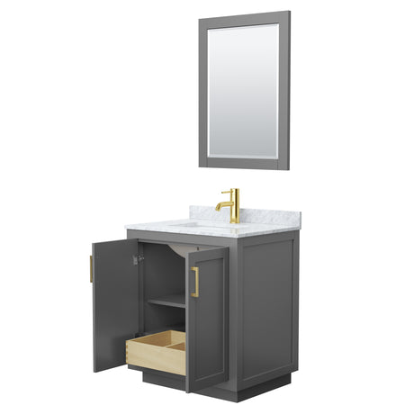 Miranda 30 Inch Single Bathroom Vanity in Dark Gray White Carrara Marble Countertop Undermount Square Sink Brushed Gold Trim 24 Inch Mirror