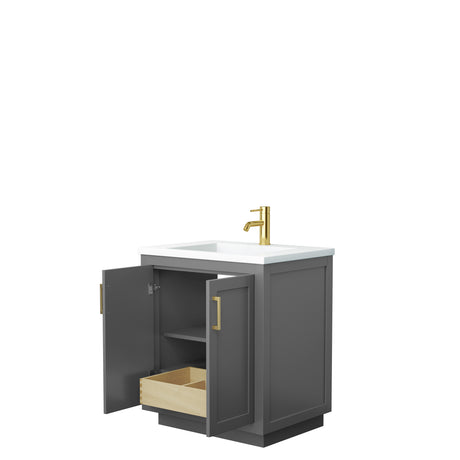 Miranda 30 Inch Single Bathroom Vanity in Dark Gray 1.25 Inch Thick Matte White Solid Surface Countertop Integrated Sink Brushed Gold Trim