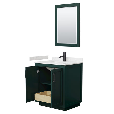 Miranda 30 Inch Single Bathroom Vanity in Green Carrara Cultured Marble Countertop Undermount Square Sink Matte Black Trim 24 Inch Mirror