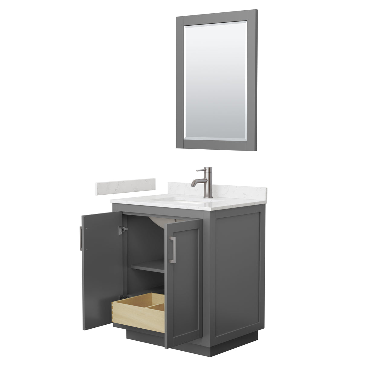 Miranda 30 Inch Single Bathroom Vanity in Dark Gray Carrara Cultured Marble Countertop Undermount Square Sink Brushed Nickel Trim 24 Inch Mirror