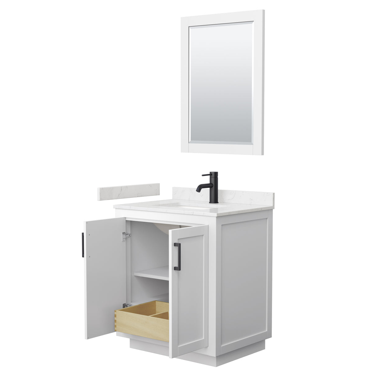 Miranda 30 Inch Single Bathroom Vanity in White Carrara Cultured Marble Countertop Undermount Square Sink Matte Black Trim 24 Inch Mirror