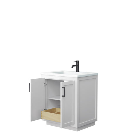 Miranda 30 Inch Single Bathroom Vanity in White 1.25 Inch Thick Matte White Solid Surface Countertop Integrated Sink Matte Black Trim