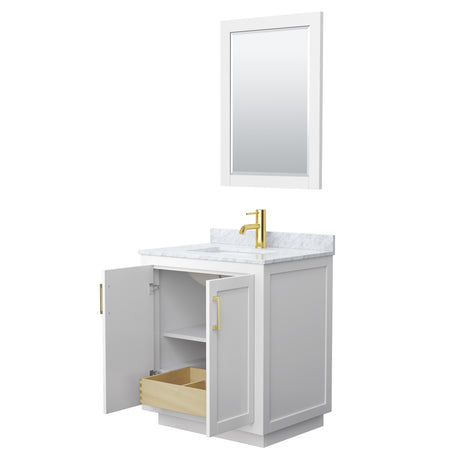Miranda 30 Inch Single Bathroom Vanity in White White Carrara Marble Countertop Undermount Square Sink Brushed Gold Trim 24 Inch Mirror
