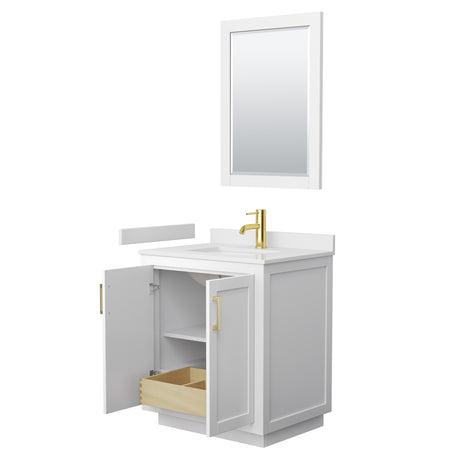 Miranda 30 Inch Single Bathroom Vanity in White White Cultured Marble Countertop Undermount Square Sink Brushed Gold Trim 24 Inch Mirror