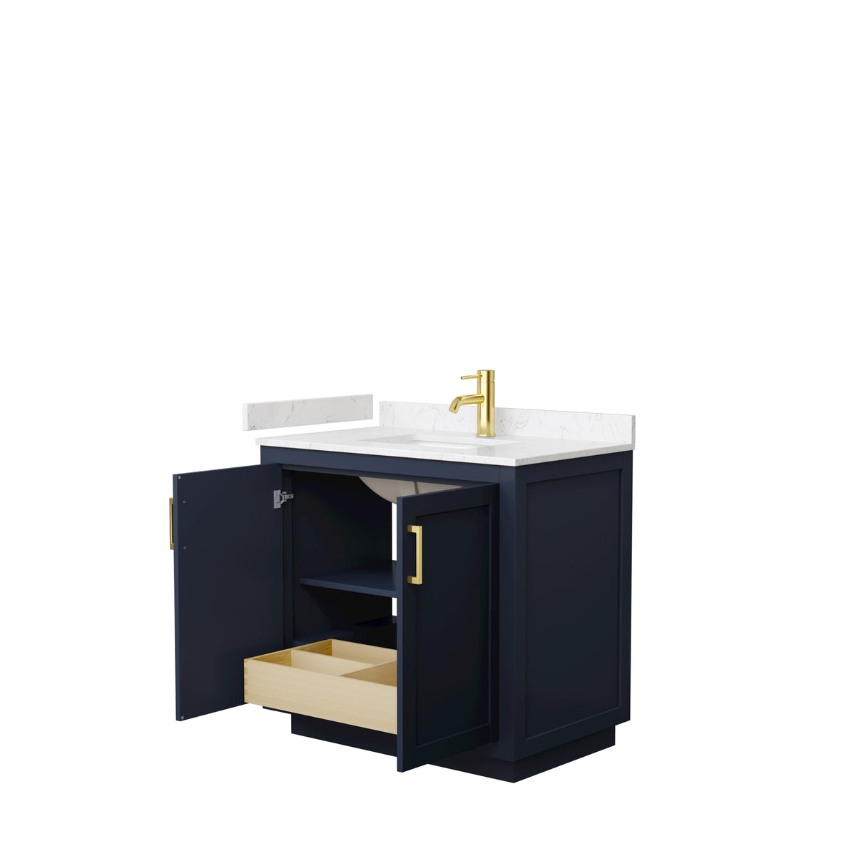 Miranda 36 Inch Single Bathroom Vanity in Dark Blue Carrara Cultured Marble Countertop Undermount Square Sink Brushed Gold Trim