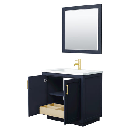 Miranda 36 Inch Single Bathroom Vanity in Dark Blue 1.25 Inch Thick Matte White Solid Surface Countertop Integrated Sink Brushed Gold Trim 34 Inch Mirror