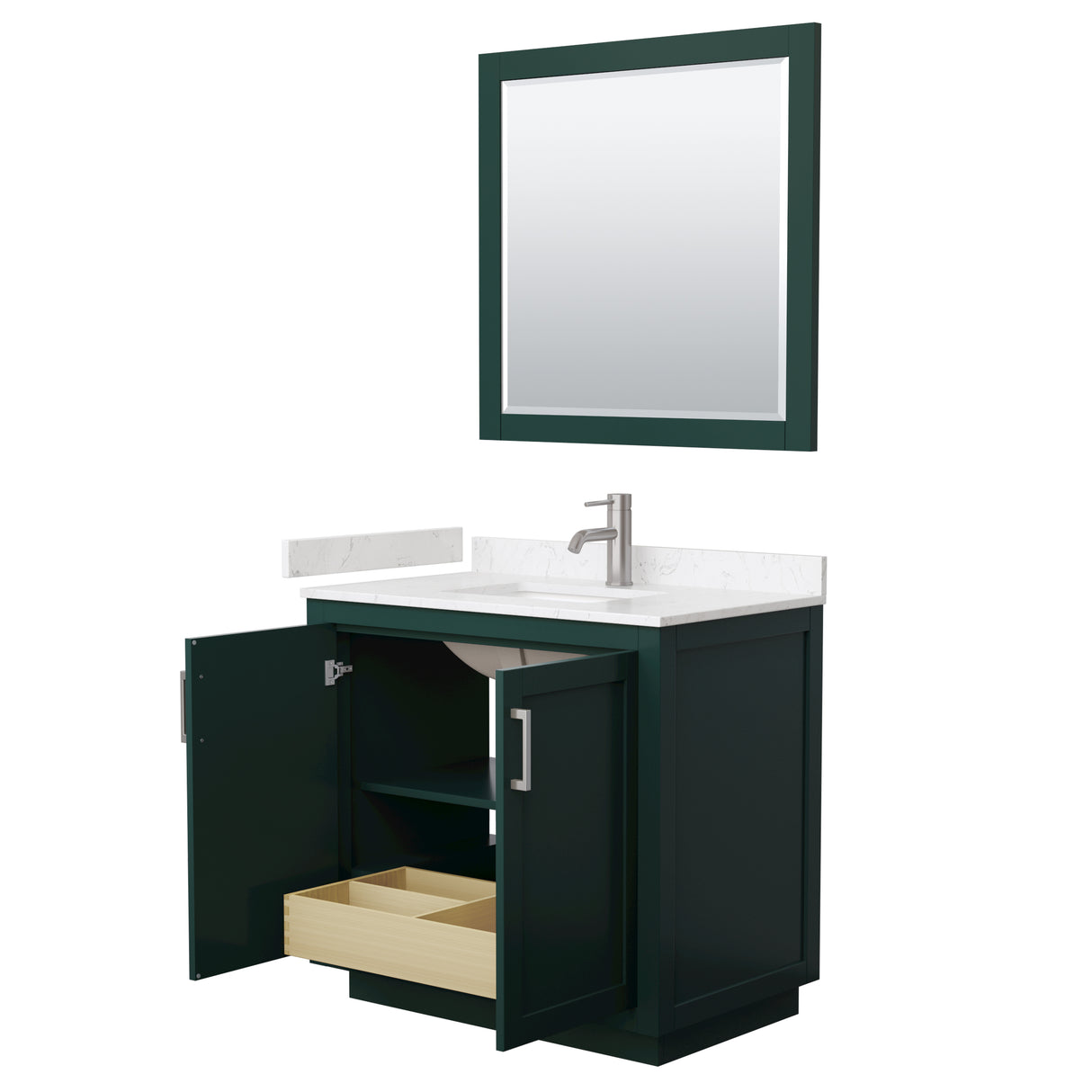 Miranda 36 Inch Single Bathroom Vanity in Green Carrara Cultured Marble Countertop Undermount Square Sink Brushed Nickel Trim 34 Inch Mirror