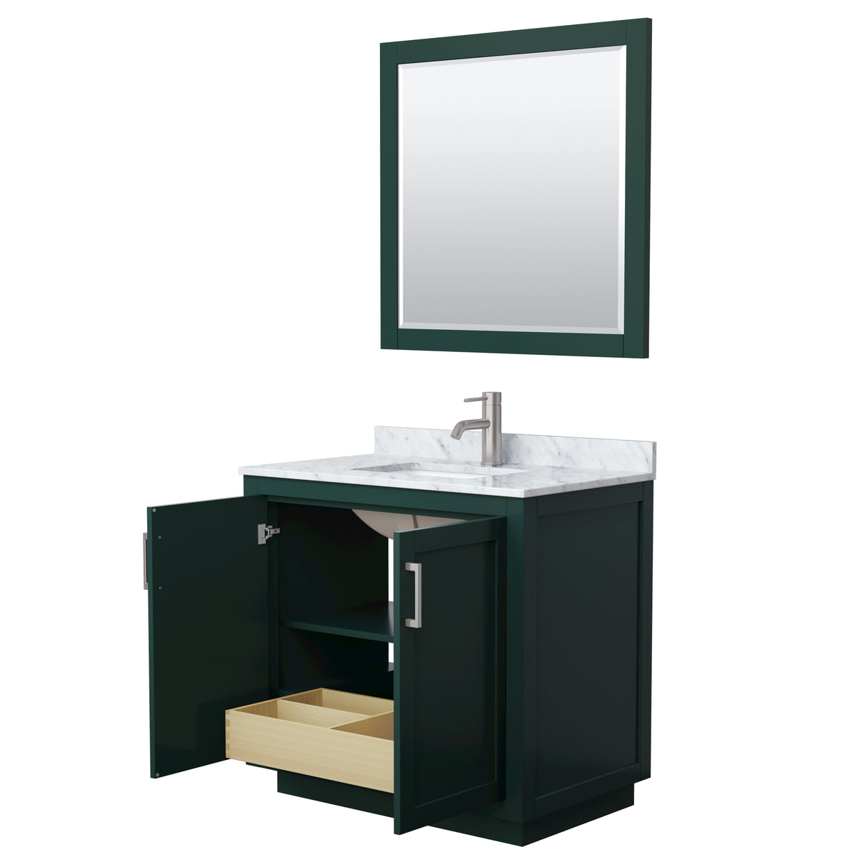 Miranda 36 Inch Single Bathroom Vanity in Green White Carrara Marble Countertop Undermount Square Sink Brushed Nickel Trim 34 Inch Mirror