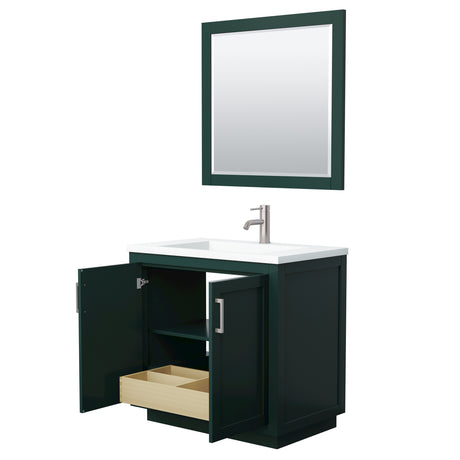 Miranda 36 Inch Single Bathroom Vanity in Green 1.25 Inch Thick Matte White Solid Surface Countertop Integrated Sink Brushed Nickel Trim 34 Inch Mirror