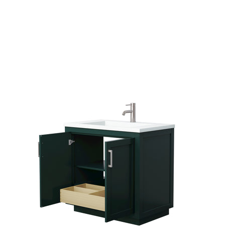 Miranda 36 Inch Single Bathroom Vanity in Green 1.25 Inch Thick Matte White Solid Surface Countertop Integrated Sink Brushed Nickel Trim