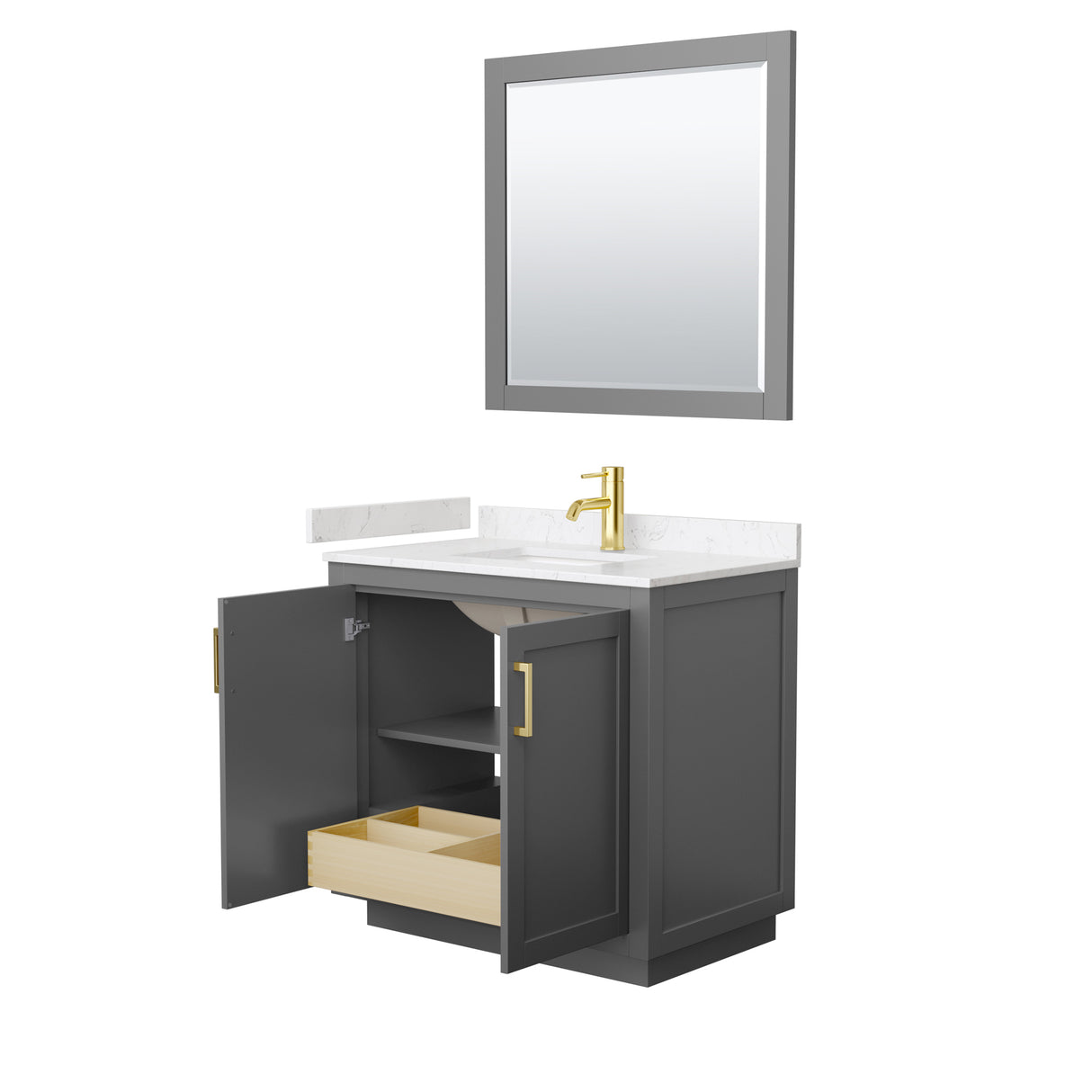 Miranda 36 Inch Single Bathroom Vanity in Dark Gray Carrara Cultured Marble Countertop Undermount Square Sink Brushed Gold Trim 34 Inch Mirror