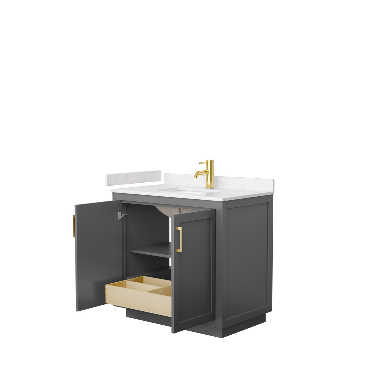 Miranda 36 Inch Single Bathroom Vanity in Dark Gray Carrara Cultured Marble Countertop Undermount Square Sink Brushed Gold Trim
