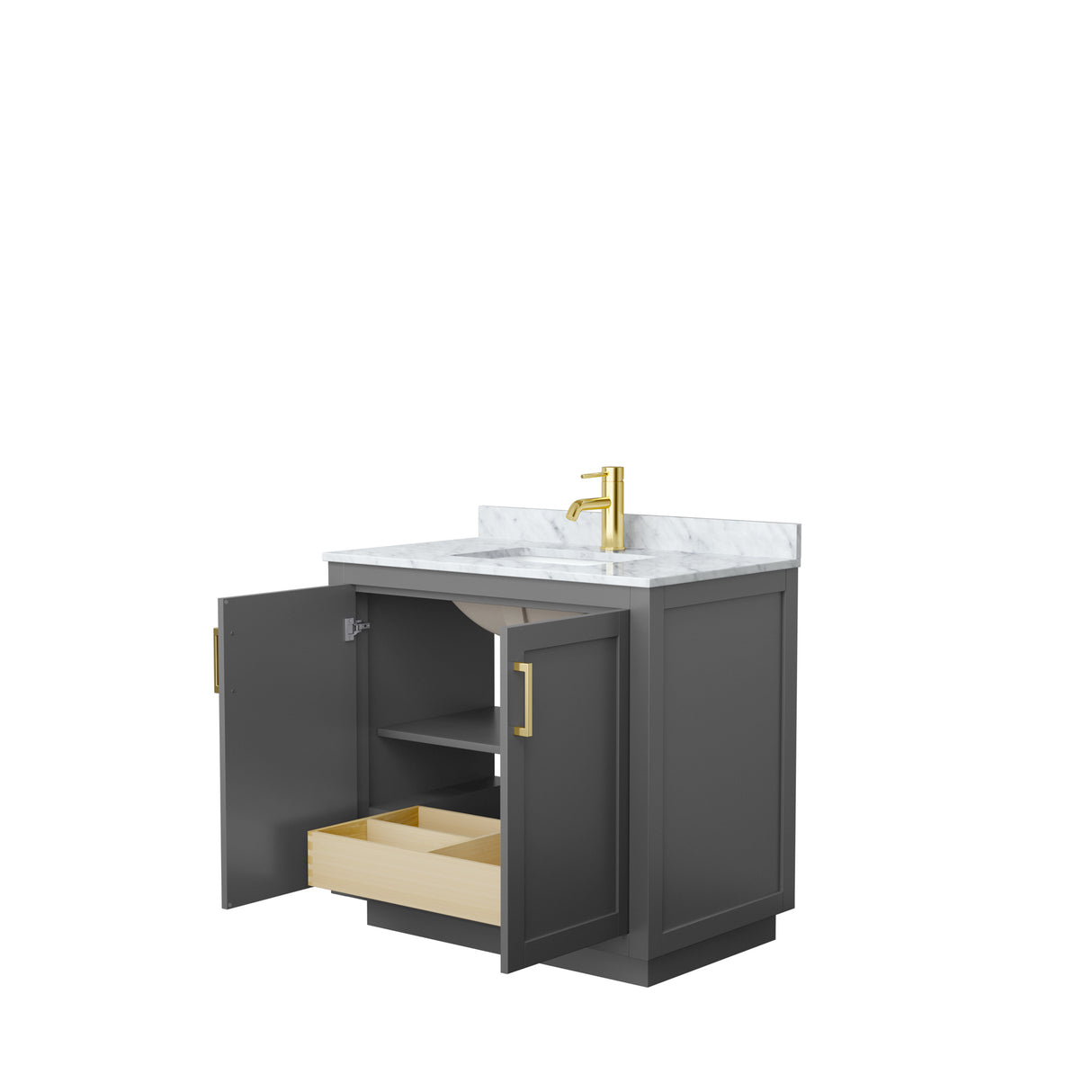 Miranda 36 Inch Single Bathroom Vanity in Dark Gray White Carrara Marble Countertop Undermount Square Sink Brushed Gold Trim