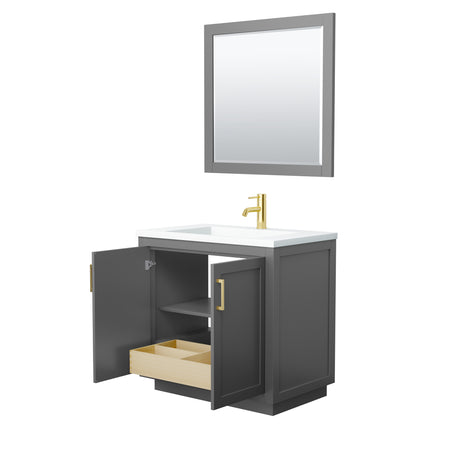 Miranda 36 Inch Single Bathroom Vanity in Dark Gray 1.25 Inch Thick Matte White Solid Surface Countertop Integrated Sink Brushed Gold Trim 34 Inch Mirror