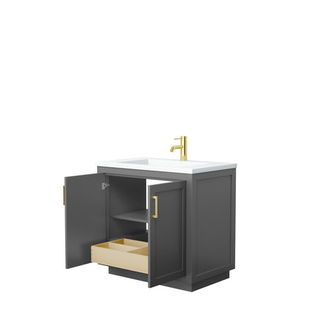 Miranda 36 Inch Single Bathroom Vanity in Dark Gray 1.25 Inch Thick Matte White Solid Surface Countertop Integrated Sink Brushed Gold Trim