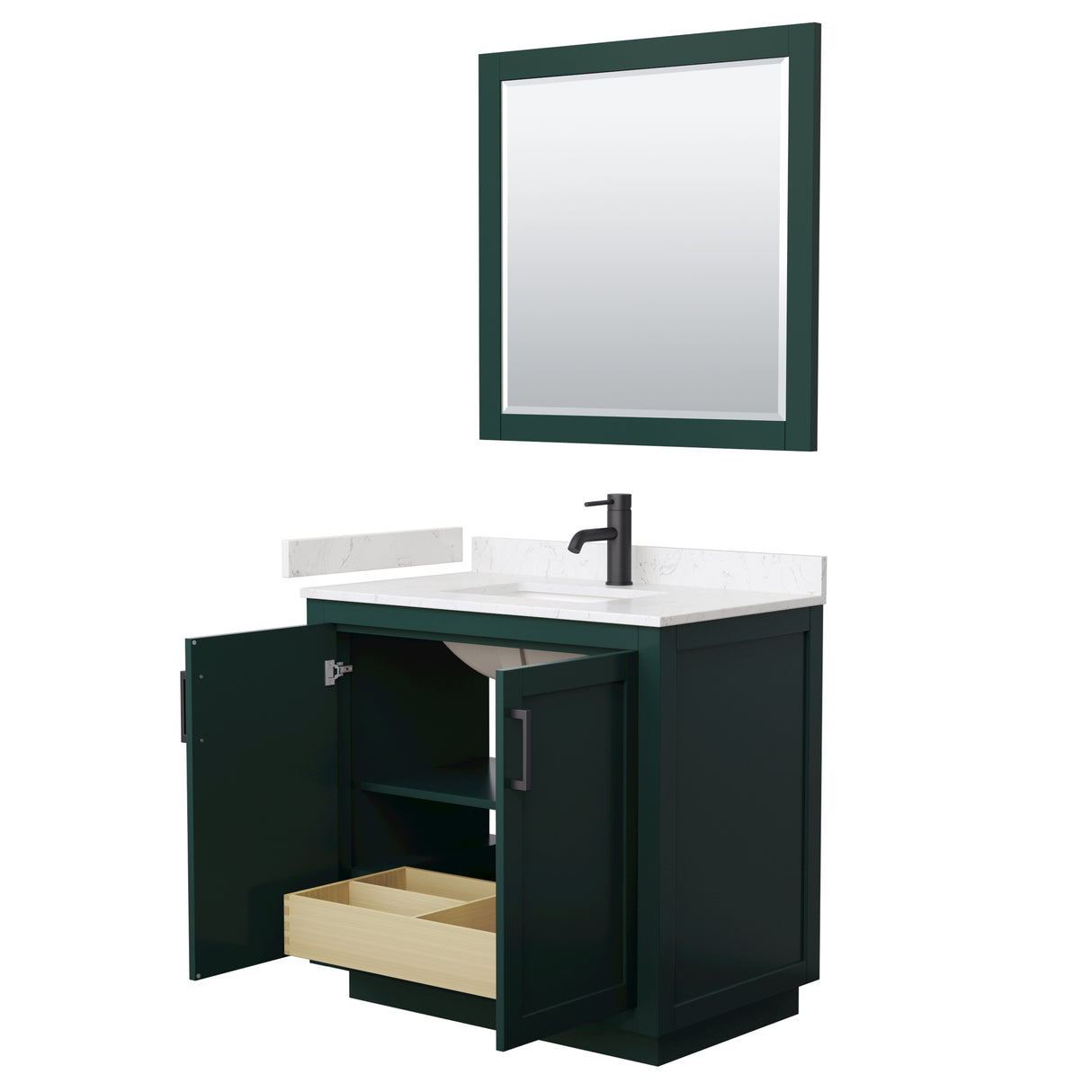 Miranda 36 Inch Single Bathroom Vanity in Green Carrara Cultured Marble Countertop Undermount Square Sink Matte Black Trim 34 Inch Mirror