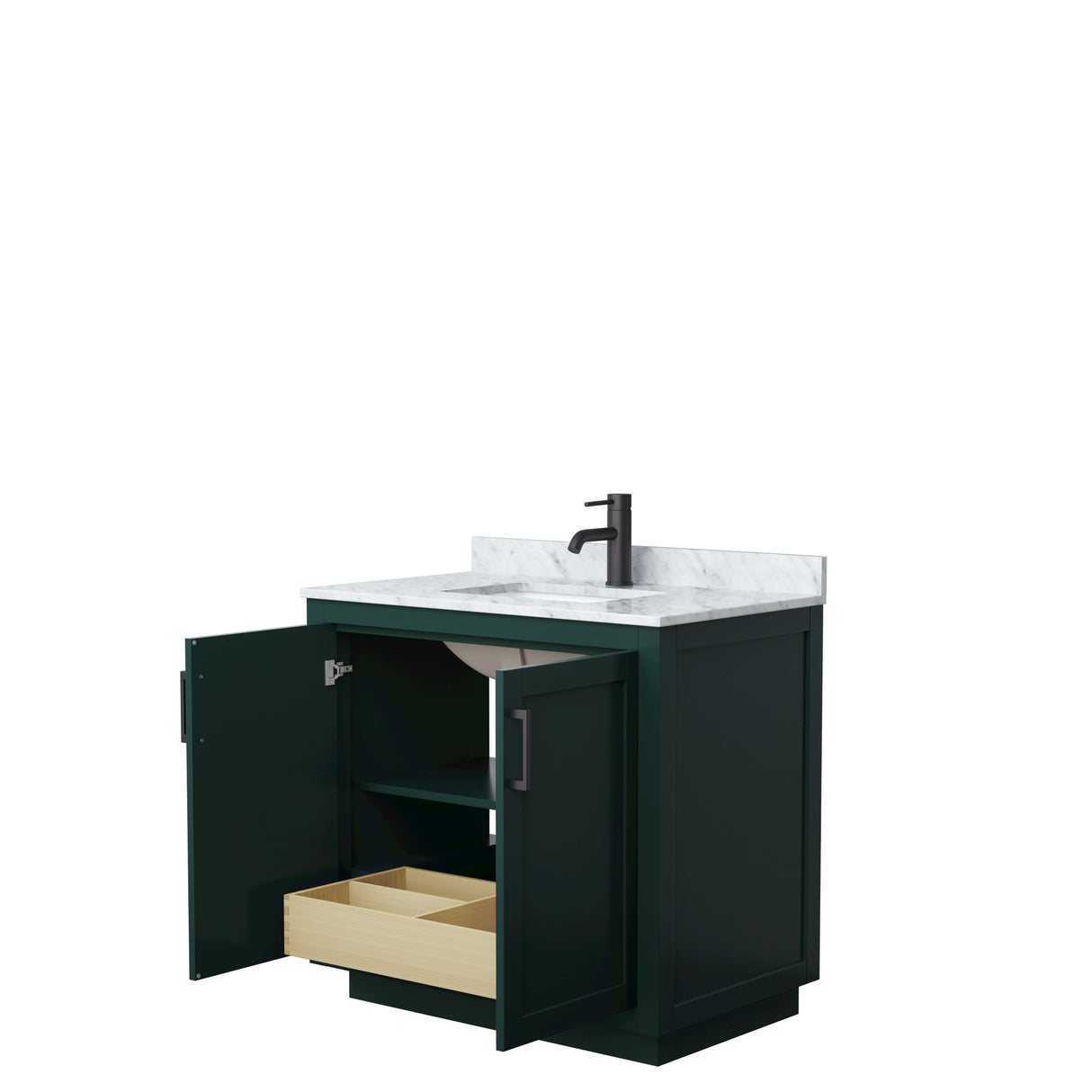 Miranda 36 Inch Single Bathroom Vanity in Green White Carrara Marble Countertop Undermount Square Sink Matte Black Trim