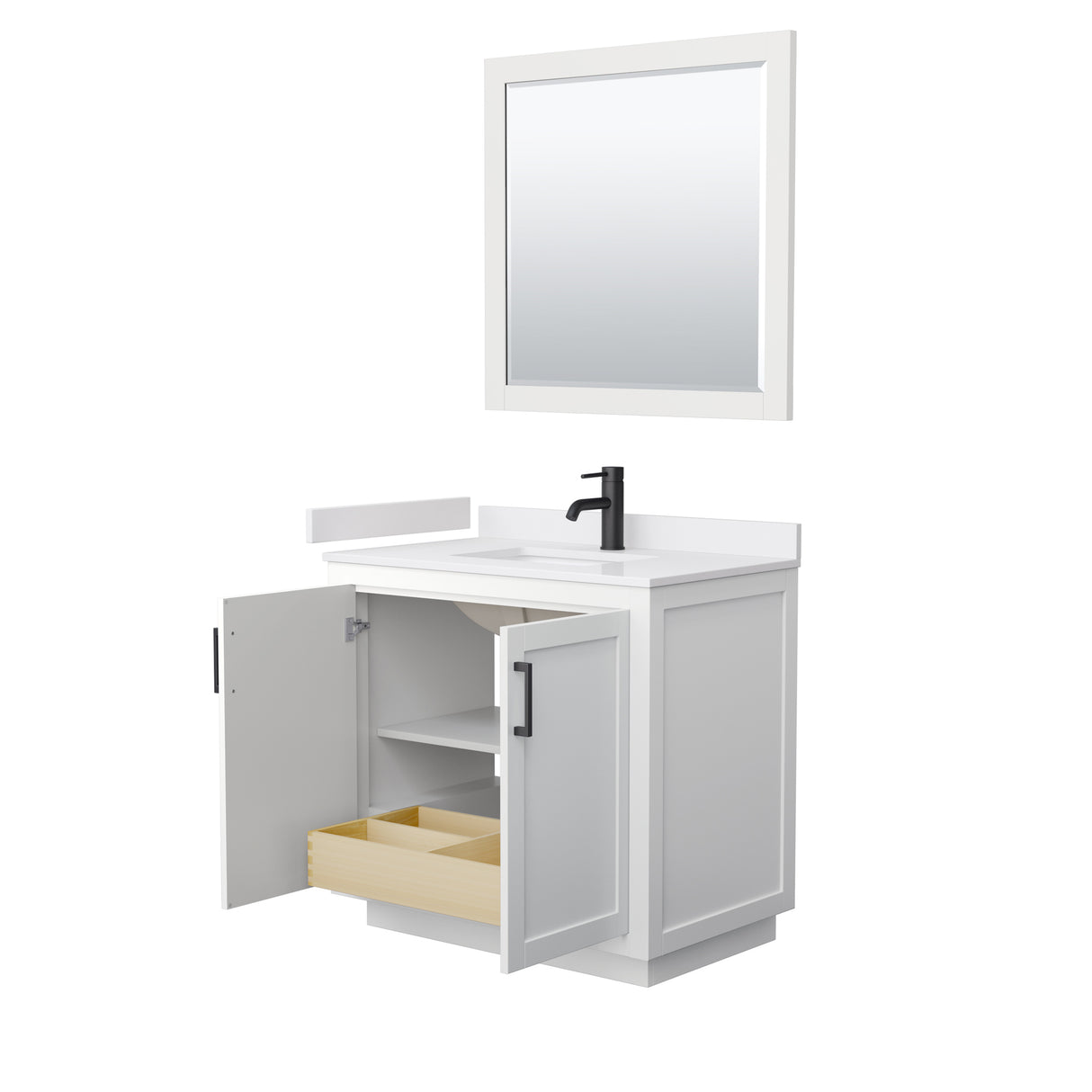 Miranda 36 Inch Single Bathroom Vanity in White White Cultured Marble Countertop Undermount Square Sink Matte Black Trim 34 Inch Mirror