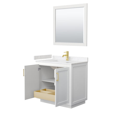Miranda 36 Inch Single Bathroom Vanity in White Carrara Cultured Marble Countertop Undermount Square Sink Brushed Gold Trim 34 Inch Mirror