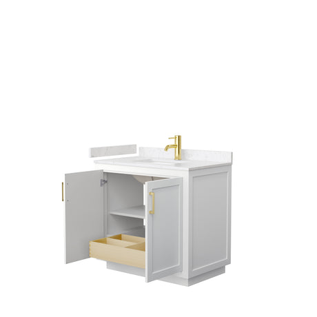 Miranda 36 Inch Single Bathroom Vanity in White Carrara Cultured Marble Countertop Undermount Square Sink Brushed Gold Trim