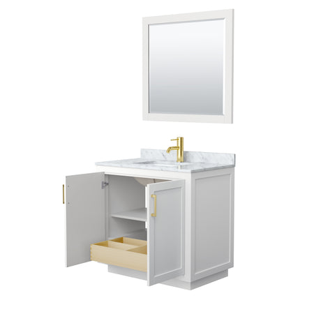 Miranda 36 Inch Single Bathroom Vanity in White White Carrara Marble Countertop Undermount Square Sink Brushed Gold Trim 34 Inch Mirror