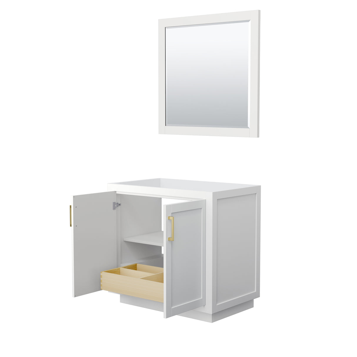 Miranda 36 Inch Single Bathroom Vanity in White No Countertop No Sink Brushed Gold Trim 34 Inch Mirror