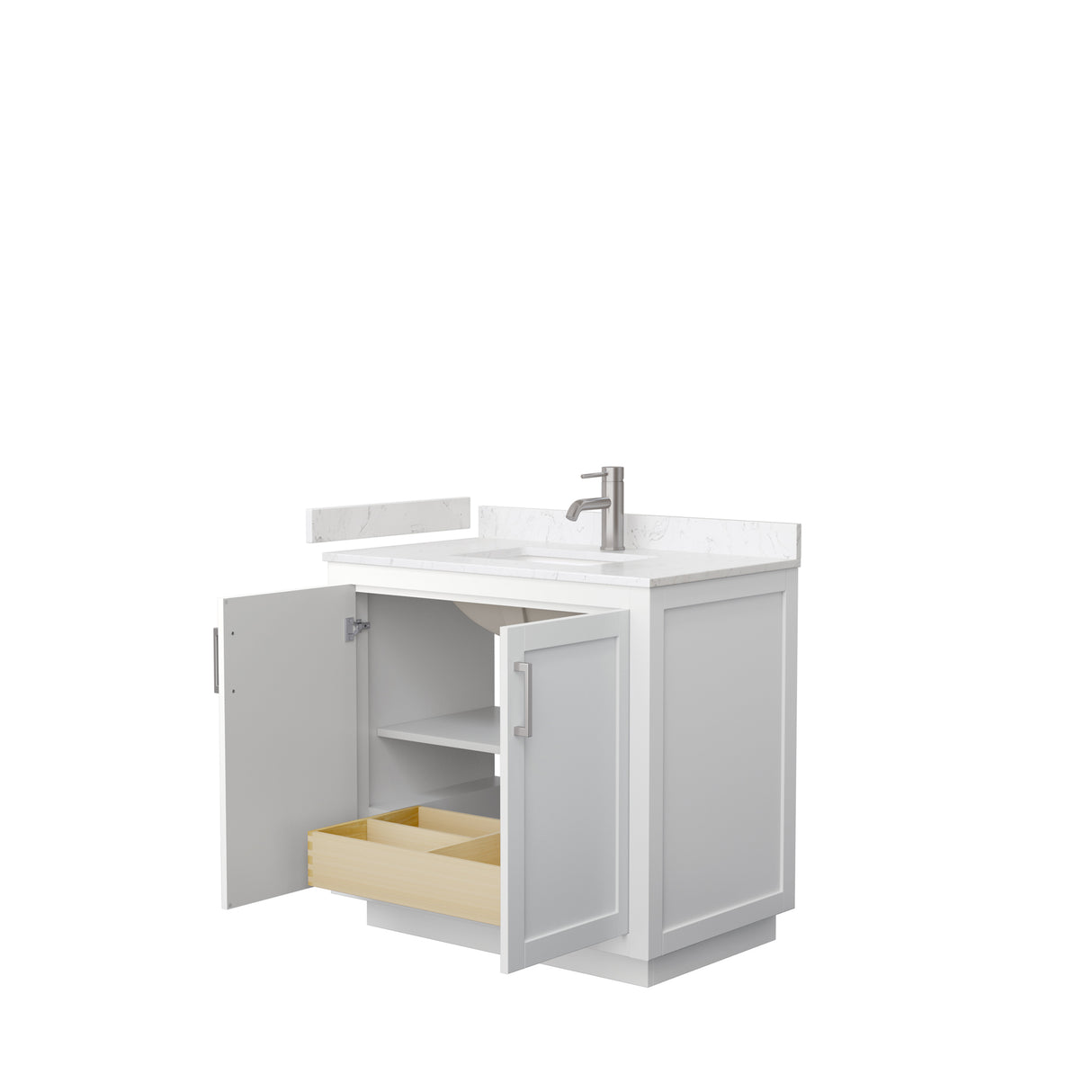 Miranda 36 Inch Single Bathroom Vanity in White Carrara Cultured Marble Countertop Undermount Square Sink Brushed Nickel Trim