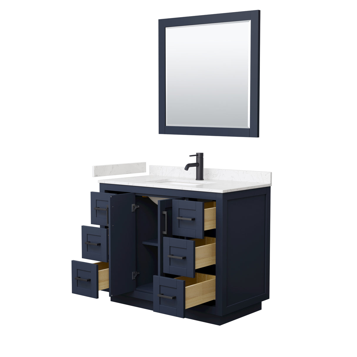 Miranda 42 Inch Single Bathroom Vanity in Dark Blue Carrara Cultured Marble Countertop Undermount Square Sink Matte Black Trim 34 Inch Mirror