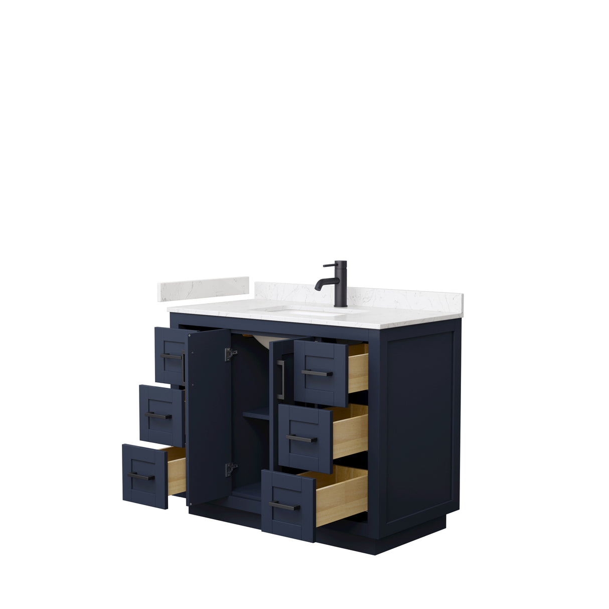 Miranda 42 Inch Single Bathroom Vanity in Dark Blue Carrara Cultured Marble Countertop Undermount Square Sink Matte Black Trim