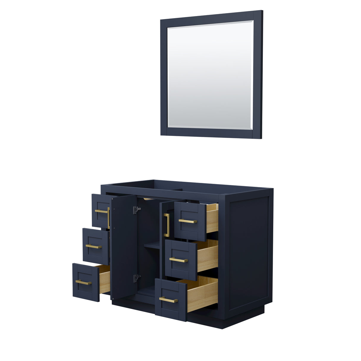 Miranda 42 Inch Single Bathroom Vanity in Dark Blue No Countertop No Sink Brushed Gold Trim 34 Inch Mirror
