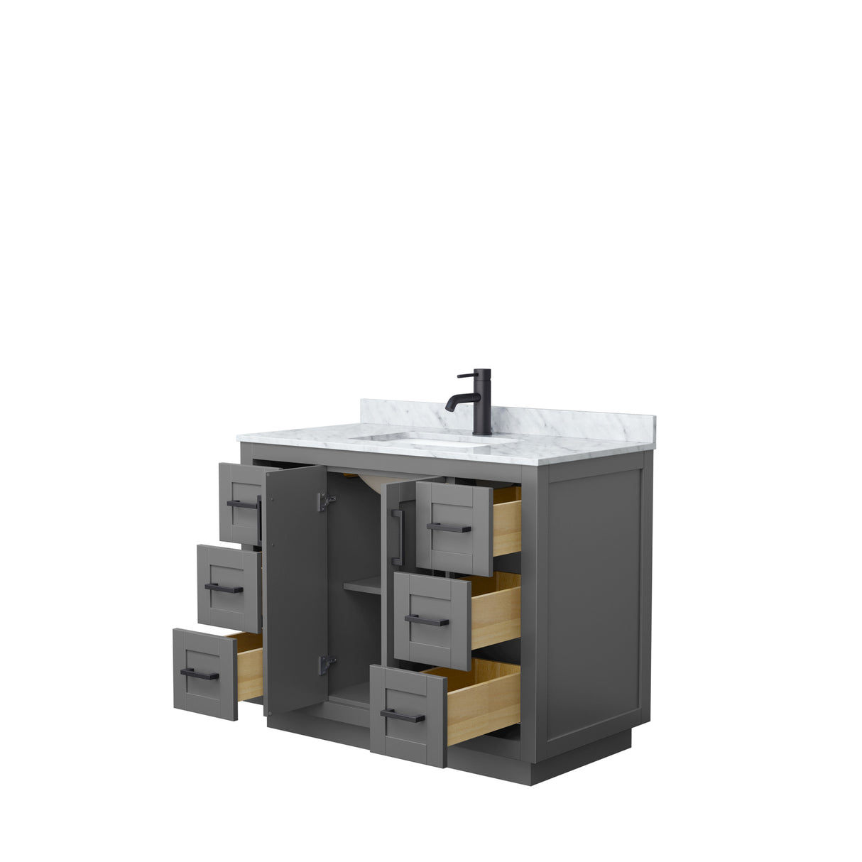 Miranda 42 Inch Single Bathroom Vanity in Dark Gray White Carrara Marble Countertop Undermount Square Sink Matte Black Trim