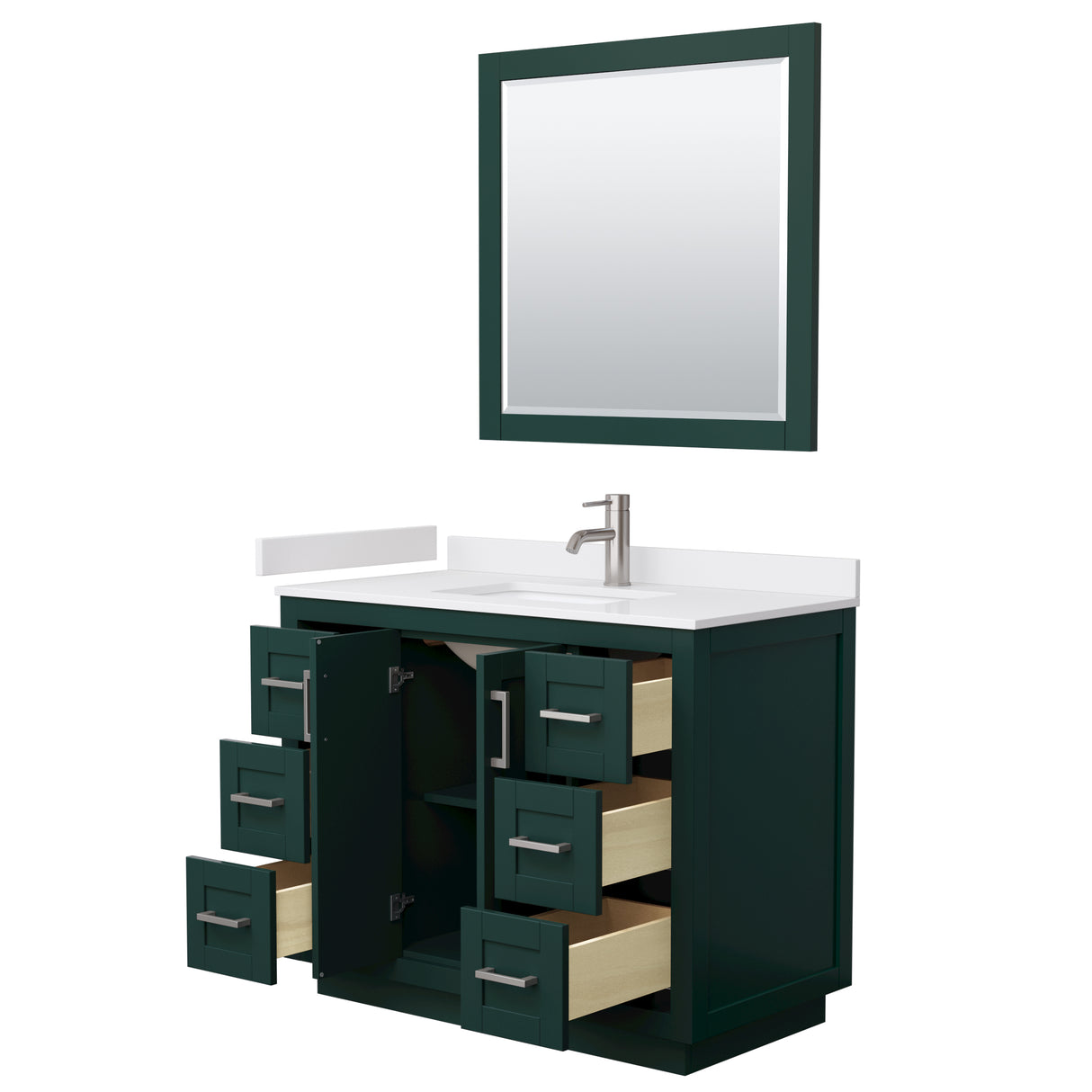 Miranda 42 Inch Single Bathroom Vanity in Green White Cultured Marble Countertop Undermount Square Sink Brushed Nickel Trim 34 Inch Mirror
