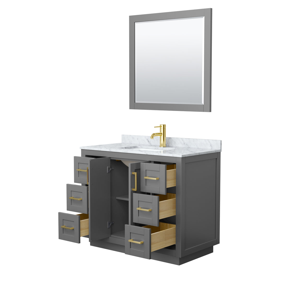 Miranda 42 Inch Single Bathroom Vanity in Dark Gray White Carrara Marble Countertop Undermount Square Sink Brushed Gold Trim 34 Inch Mirror