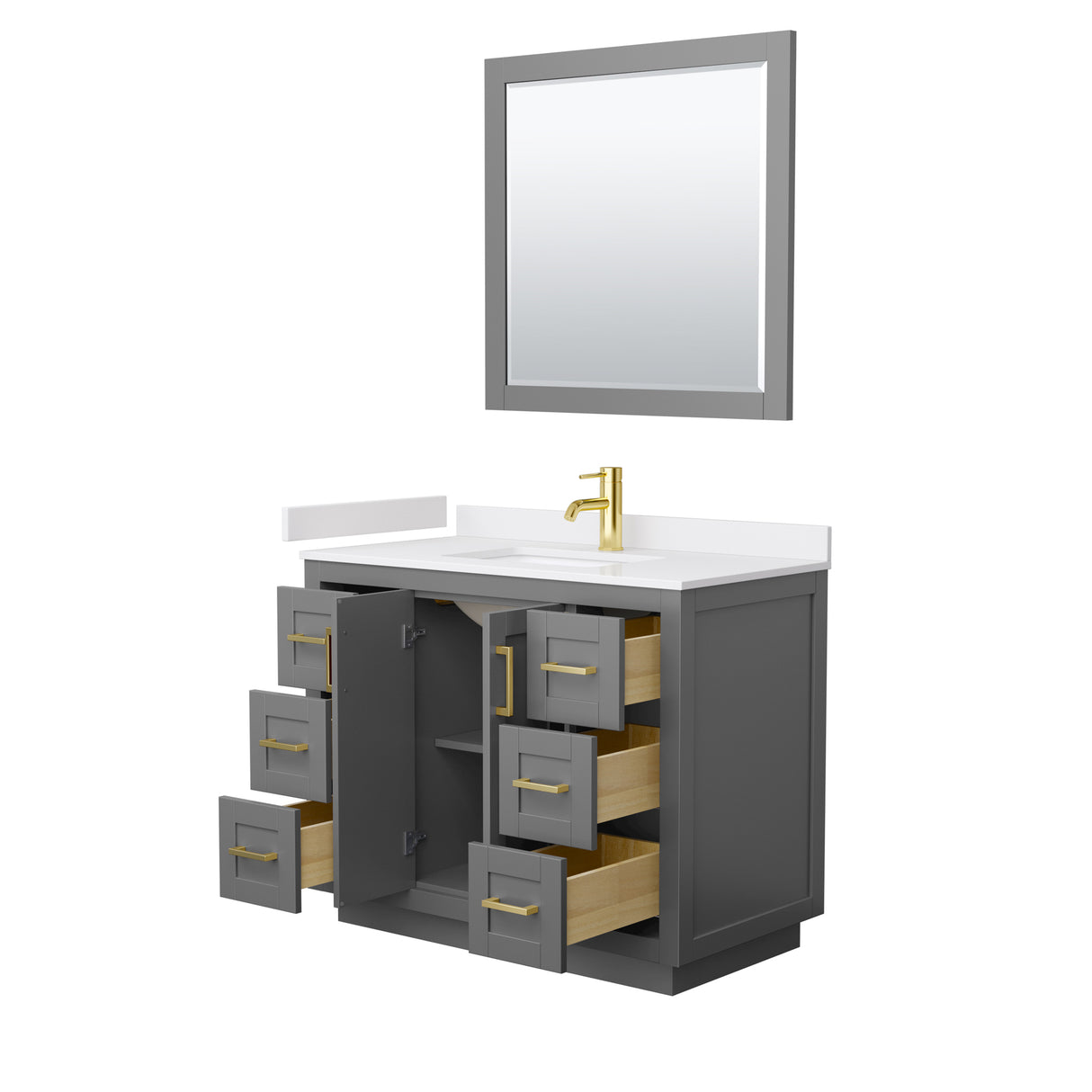 Miranda 42 Inch Single Bathroom Vanity in Dark Gray White Cultured Marble Countertop Undermount Square Sink Brushed Gold Trim 34 Inch Mirror