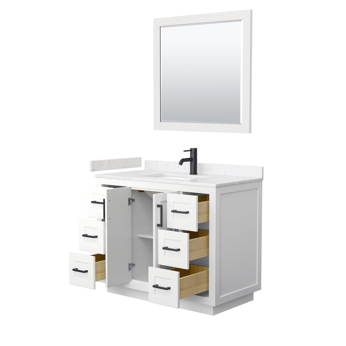 Miranda 42 Inch Single Bathroom Vanity in White Carrara Cultured Marble Countertop Undermount Square Sink Matte Black Trim 34 Inch Mirror