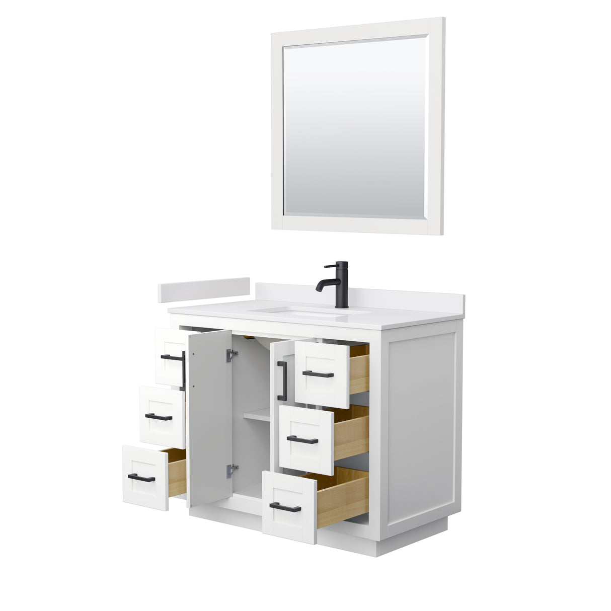 Miranda 42 Inch Single Bathroom Vanity in White White Cultured Marble Countertop Undermount Square Sink Matte Black Trim 34 Inch Mirror