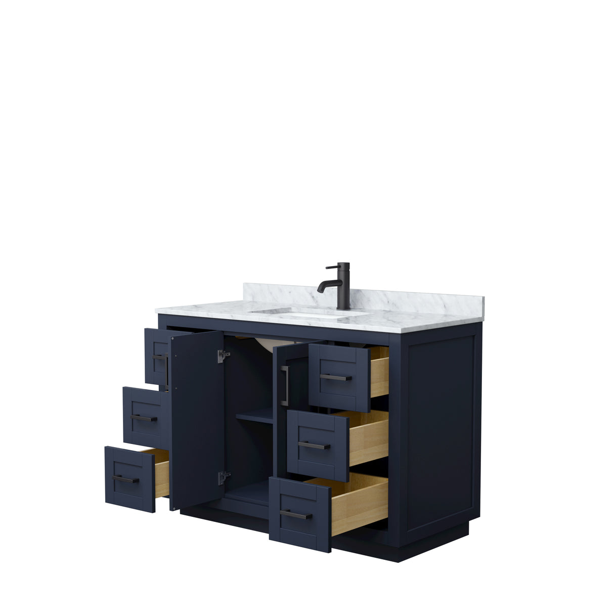 Miranda 48 Inch Single Bathroom Vanity in Dark Blue White Carrara Marble Countertop Undermount Square Sink Matte Black Trim