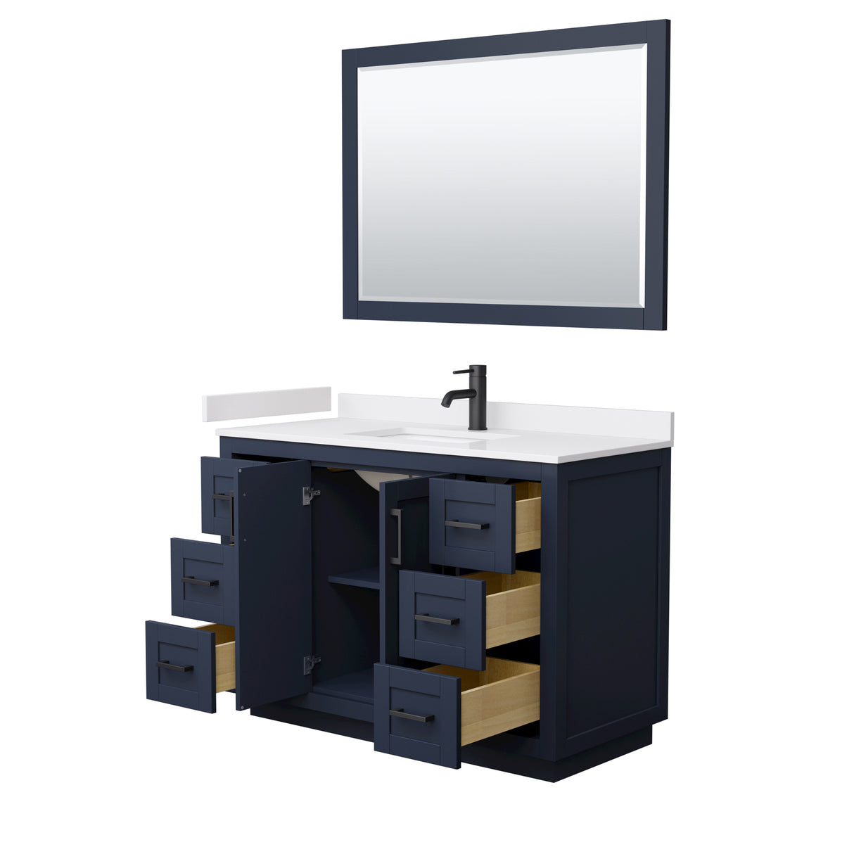 Miranda 48 Inch Single Bathroom Vanity in Dark Blue White Cultured Marble Countertop Undermount Square Sink Matte Black Trim 46 Inch Mirror
