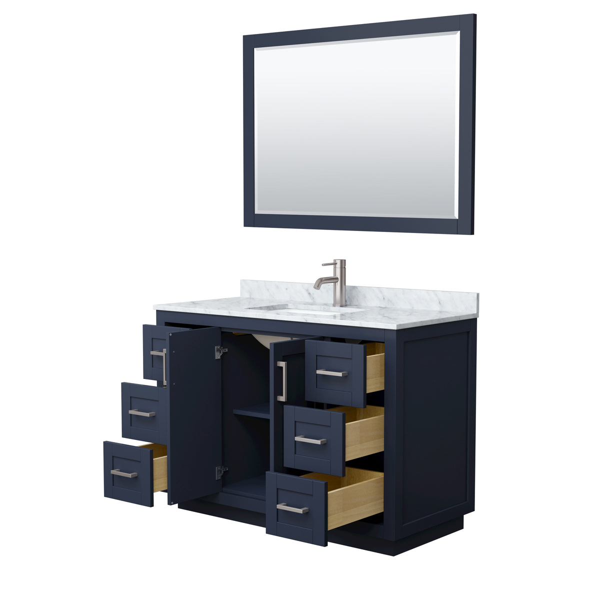 Miranda 48 Inch Single Bathroom Vanity in Dark Blue White Carrara Marble Countertop Undermount Square Sink Brushed Nickel Trim 46 Inch Mirror
