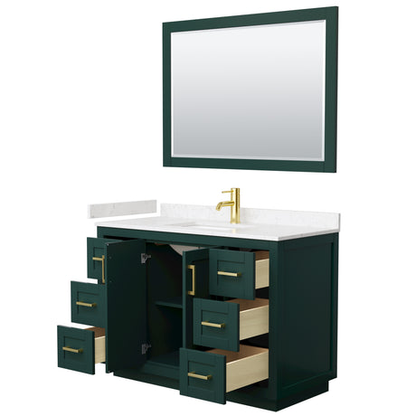 Miranda 48 Inch Single Bathroom Vanity in Green Carrara Cultured Marble Countertop Undermount Square Sink Brushed Gold Trim 46 Inch Mirror