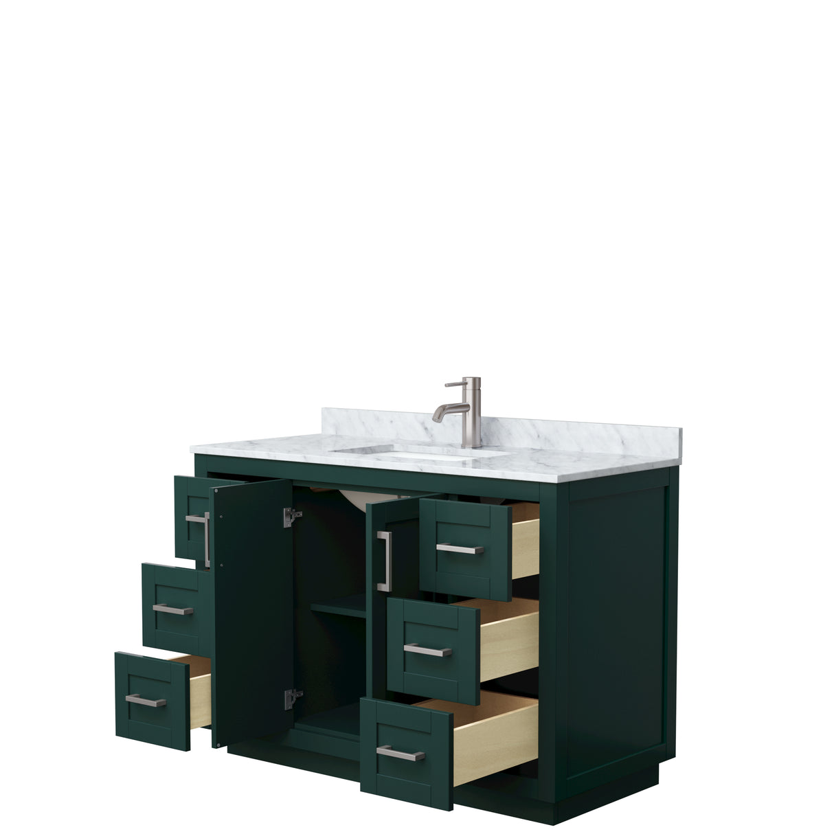 Miranda 48 Inch Single Bathroom Vanity in Green White Carrara Marble Countertop Undermount Square Sink Brushed Nickel Trim