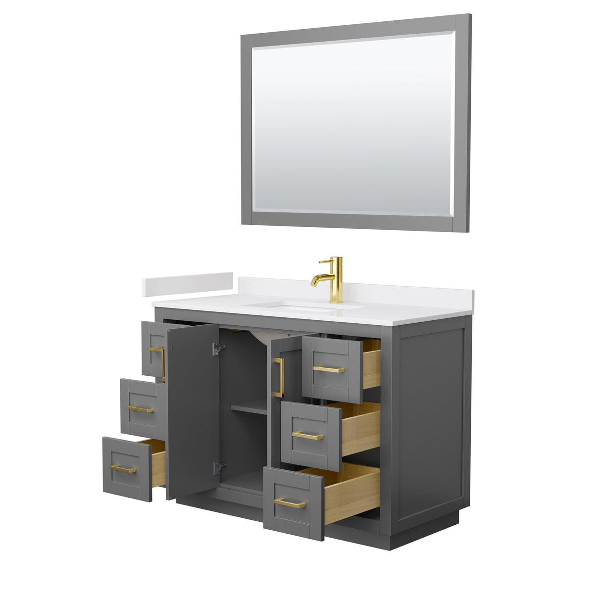 Miranda 48 Inch Single Bathroom Vanity in Dark Gray White Cultured Marble Countertop Undermount Square Sink Brushed Gold Trim 46 Inch Mirror