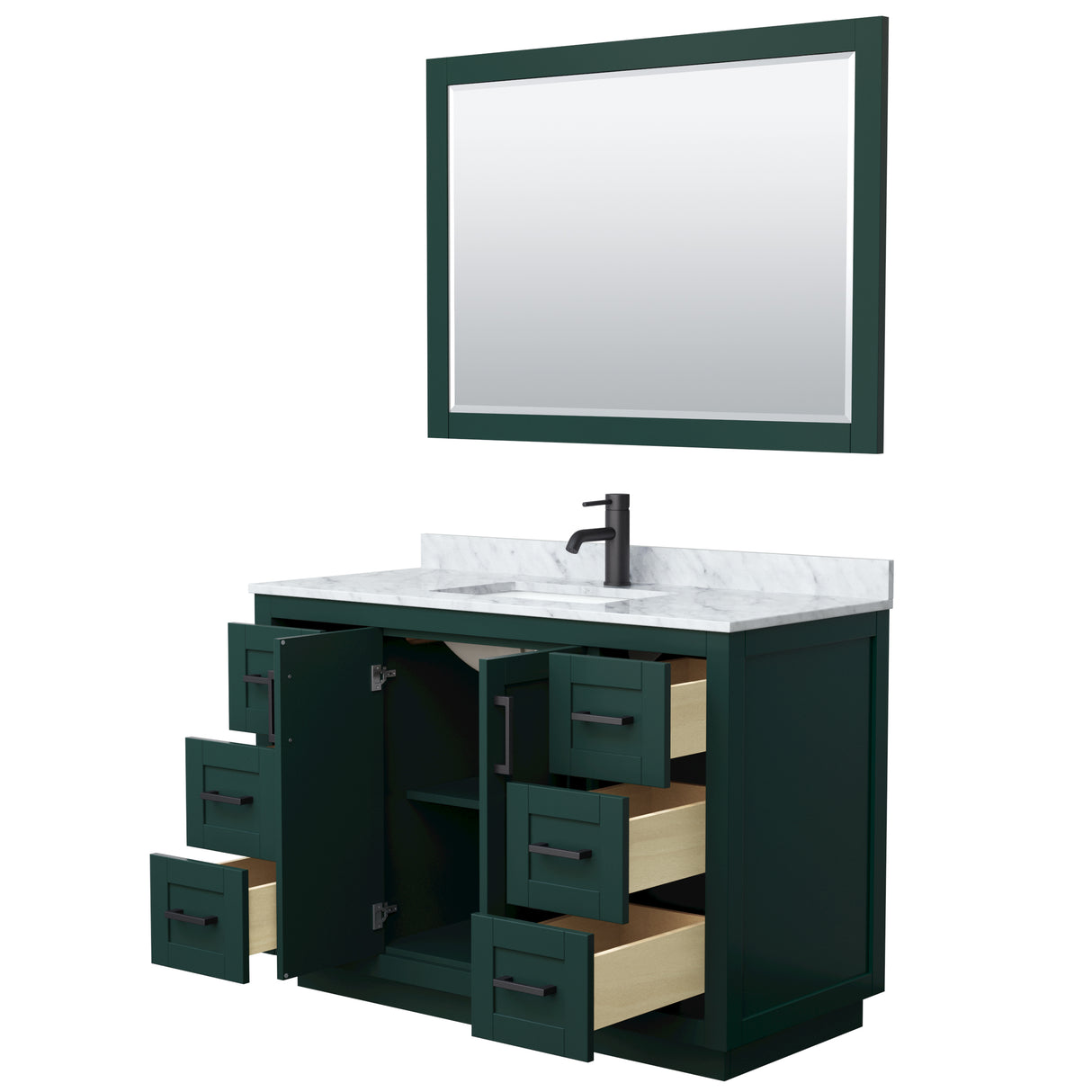 Miranda 48 Inch Single Bathroom Vanity in Green White Carrara Marble Countertop Undermount Square Sink Matte Black Trim 46 Inch Mirror