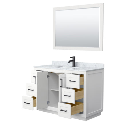 Miranda 48 Inch Single Bathroom Vanity in White White Carrara Marble Countertop Undermount Square Sink Matte Black Trim 46 Inch Mirror
