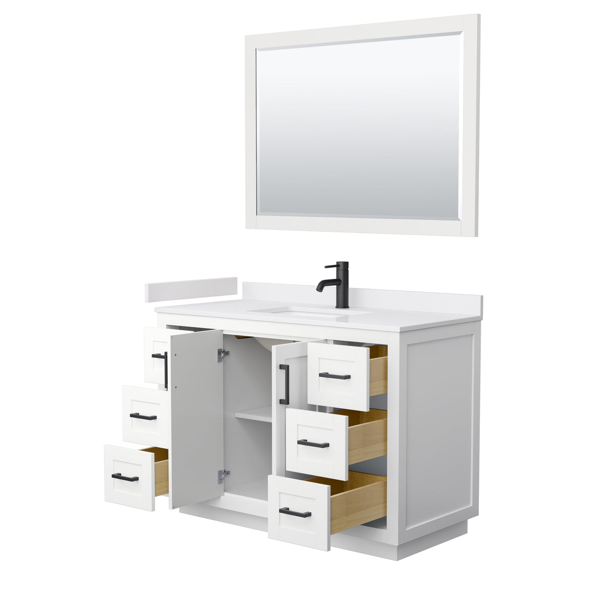 Miranda 48 Inch Single Bathroom Vanity in White White Cultured Marble Countertop Undermount Square Sink Matte Black Trim 46 Inch Mirror